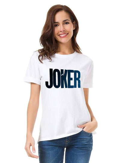 Women's White Graphic T-Shirt – Bold “JOKER” Typography Print