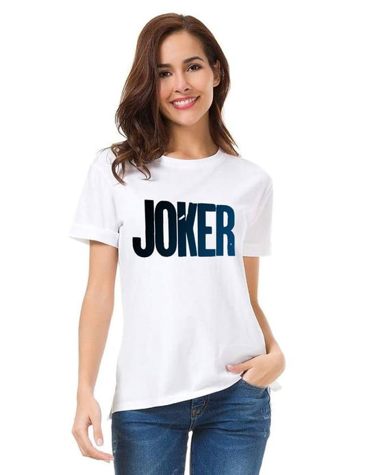 Women's White Graphic T-Shirt – Bold “JOKER” Typography Print