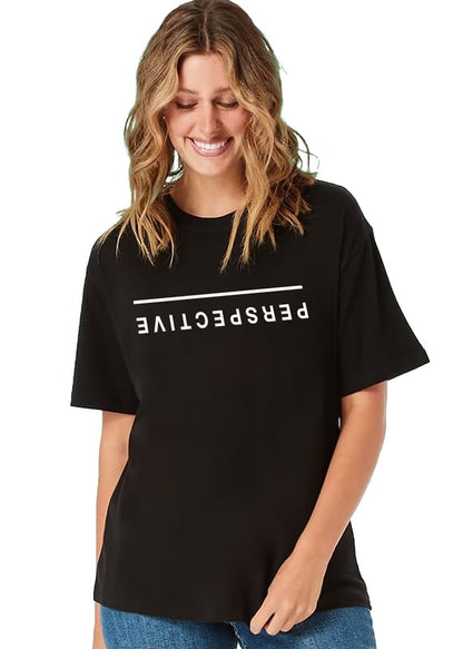 Women's Black Oversized T-Shirt – Inverted “PERSPECTIVE” Quote Print