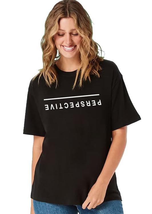 Women's Black Oversized T-Shirt – Inverted “PERSPECTIVE” Quote Print