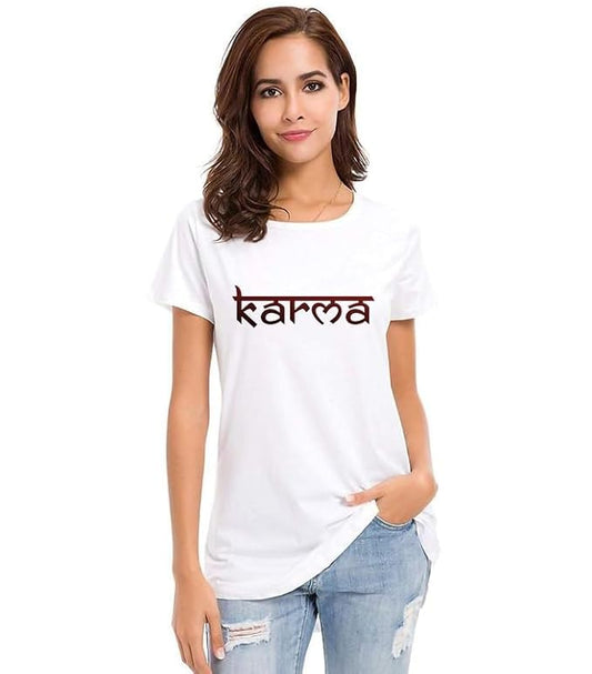Women's White Printed T-Shirt with "Karma" Design – Casual Cotton Tee