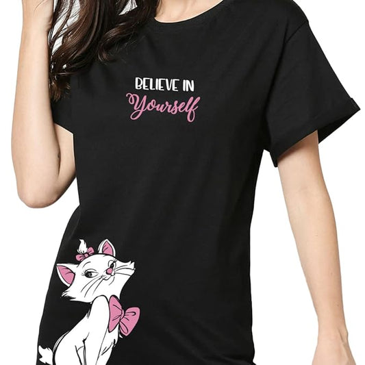 Believe in Yourself Cat Graphic Print Women’s T-Shirt – Inspirational Cotton Casual Tee