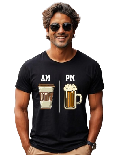 AM PM Coffee & Beer Graphic Print Men’s T-Shirt – Funny Cotton Casual Tee
