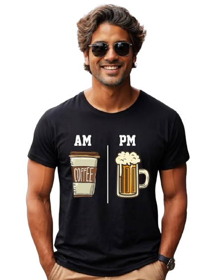 AM PM Coffee & Beer Graphic Print Men’s T-Shirt – Funny Cotton Casual Tee