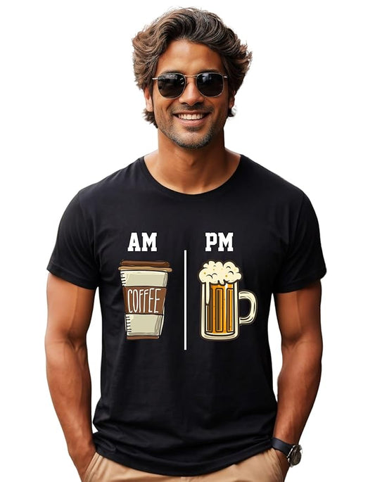 "AM Coffee PM Beer" Graphic Printed T-Shirt – Casual Fit | Black | Cotton