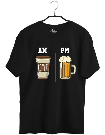 "AM Coffee PM Beer" Graphic Printed T-Shirt – Casual Fit | Black | Cotton