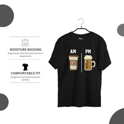 "AM Coffee PM Beer" Graphic Printed T-Shirt – Casual Fit | Black | Cotton