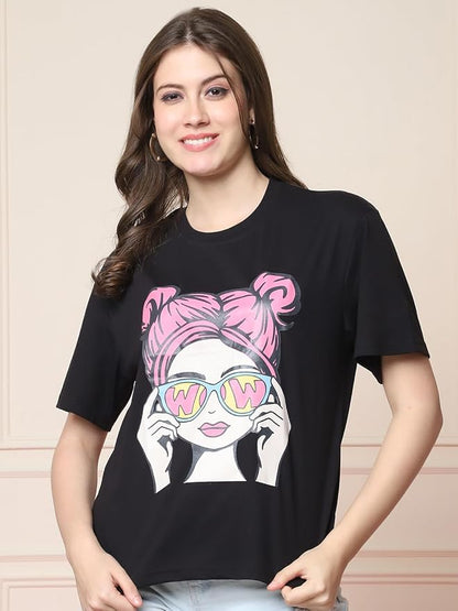 "Wow Girl Graphic T-Shirt with Denim Shorts – Street Chic Look"
