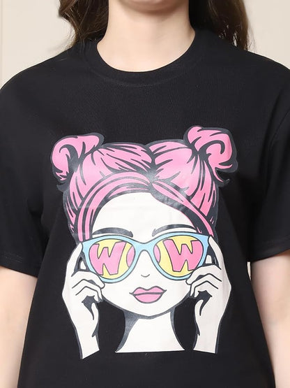 "Wow Girl Graphic T-Shirt with Denim Shorts – Street Chic Look"
