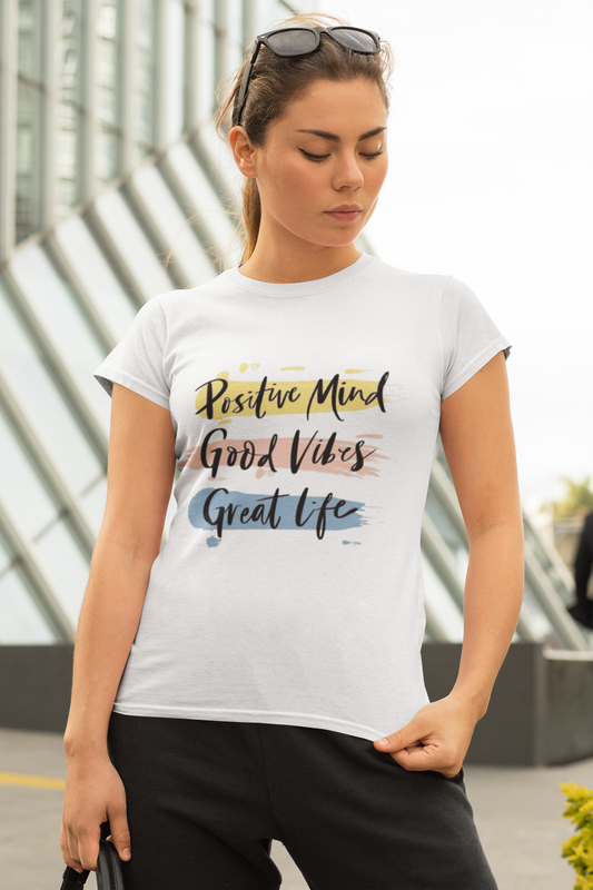 White Graphic Printed T-Shirt – “Positive Mind, Vibes, Life” Quote Tee