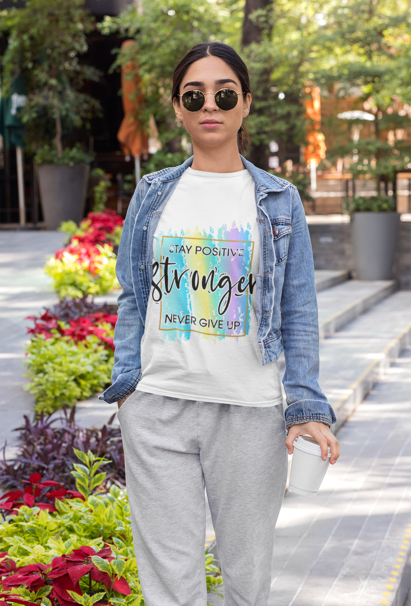 White Graphic T-Shirt – “Stay Positive, Stronger, Never Give Up” Rainbow Brush Print