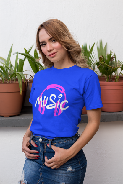 Black Graphic Music T-Shirt – Pink Headphones Print for Music Lovers
