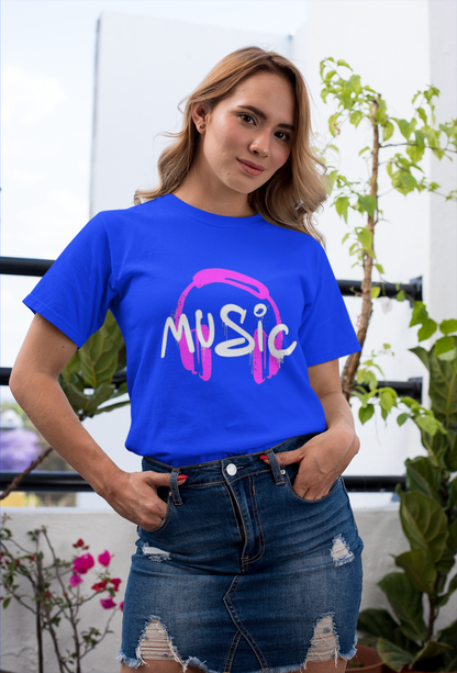 Black Graphic Music T-Shirt – Pink Headphones Print for Music Lovers