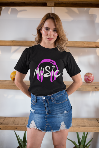 Black Graphic Music T-Shirt – Pink Headphones Print for Music Lovers