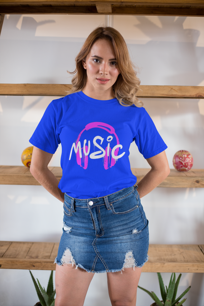 Black Graphic Music T-Shirt – Pink Headphones Print for Music Lovers