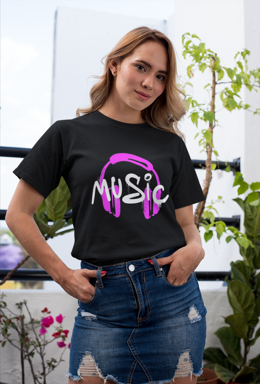Black Graphic Music T-Shirt – Pink Headphones Print for Music Lovers