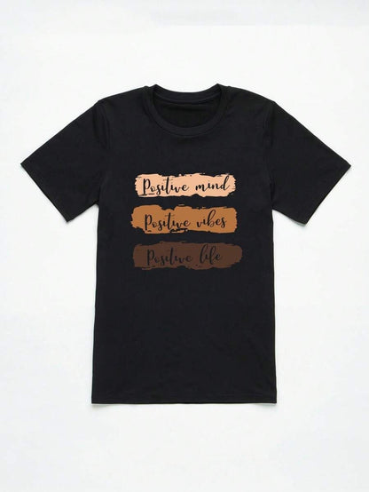 Black Graphic Printed T-Shirt – “Positive Mind, Vibes, Life” Quote Tee