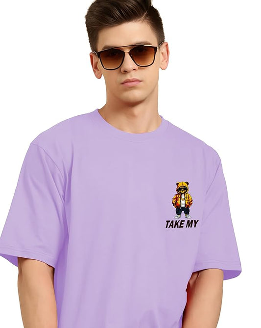 Men's Oversized Lilac Graphic T-Shirt - "Take My" Teddy Print