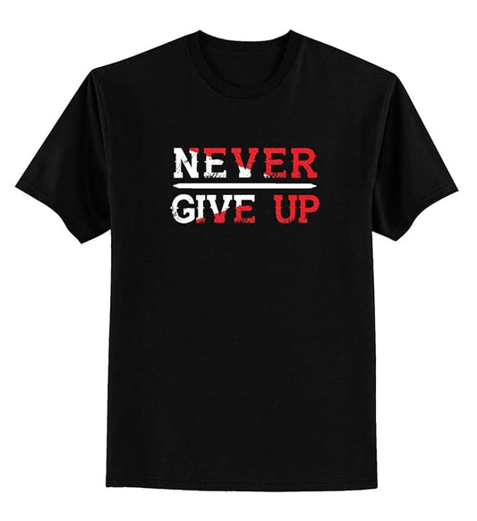Men's Black Motivational Slogan T-Shirt – "NEVER GIVE UP" Printed Tee