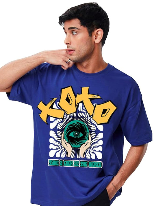 Men's Blue Oversized Graphic T-Shirt with "XOXO" & Eye Illustration Print