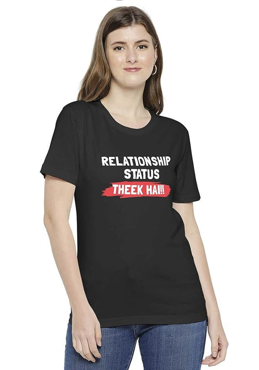 "Relationship Status Theek Hai Printed Black T-Shirt"