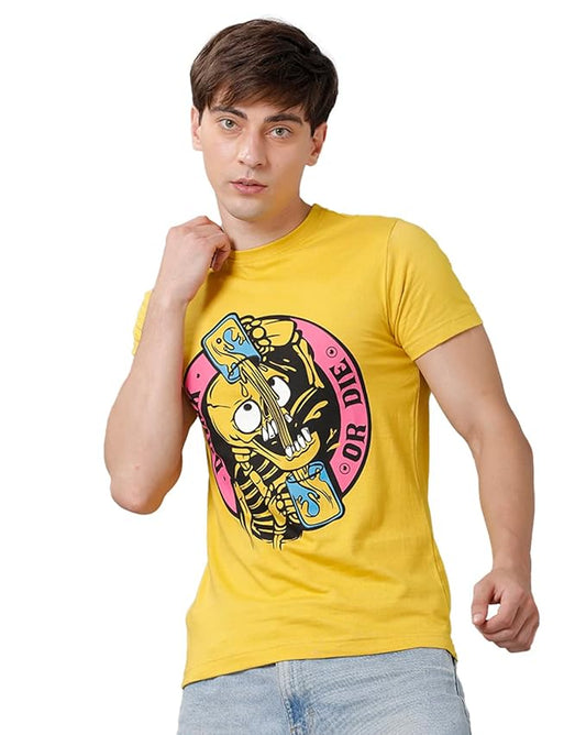 "Skater Skeleton 'OR DIE' Yellow Graphic Printed T-Shirt"