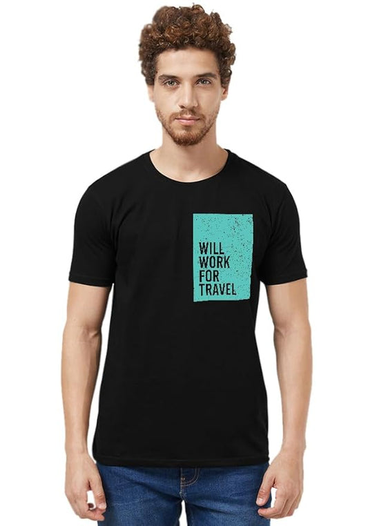 Will Work for Travel Printed Black T-Shirt for Men | PD Clori