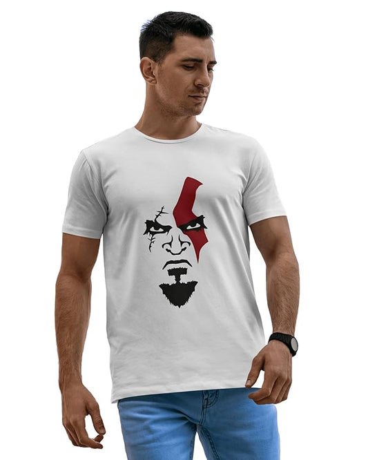 Men’s White Graphic T-Shirt – Warrior Face Design Inspired by Kratos | Gamer Streetwear Tee