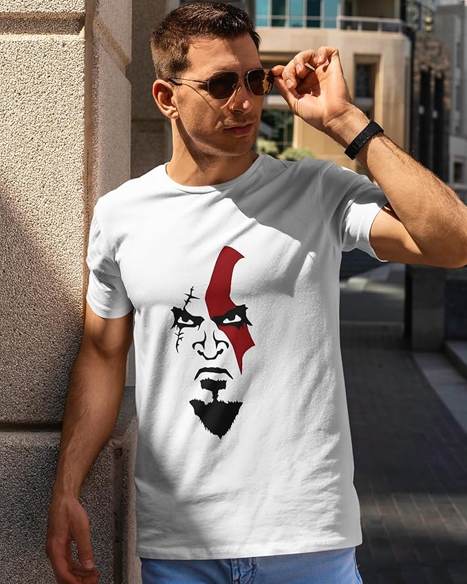 Men’s White Graphic T-Shirt – Warrior Face Design Inspired by Kratos | Gamer Streetwear Tee