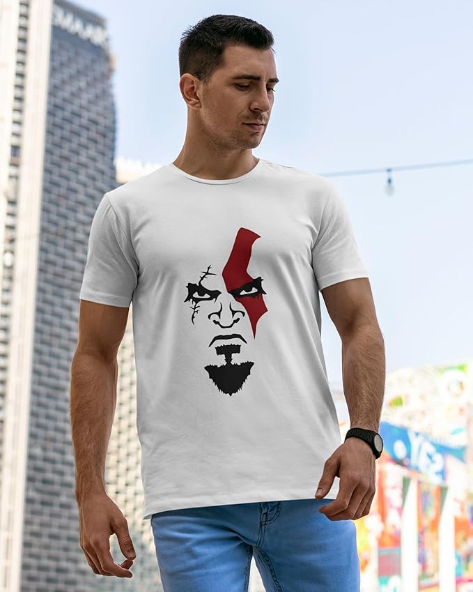 Men’s White Graphic T-Shirt – Warrior Face Design Inspired by Kratos | Gamer Streetwear Tee