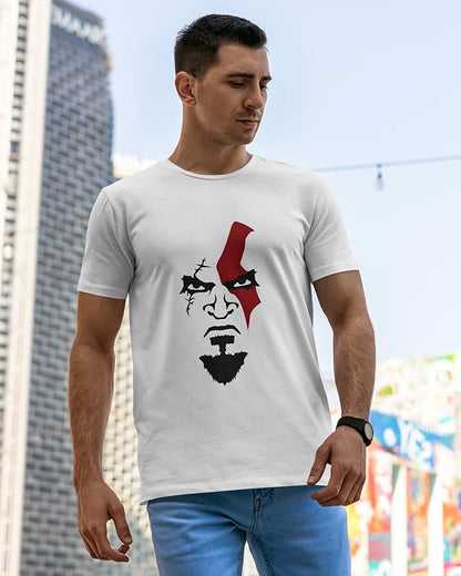 Men’s White Graphic T-Shirt – Warrior Face Design Inspired by Kratos | Gamer Streetwear Tee