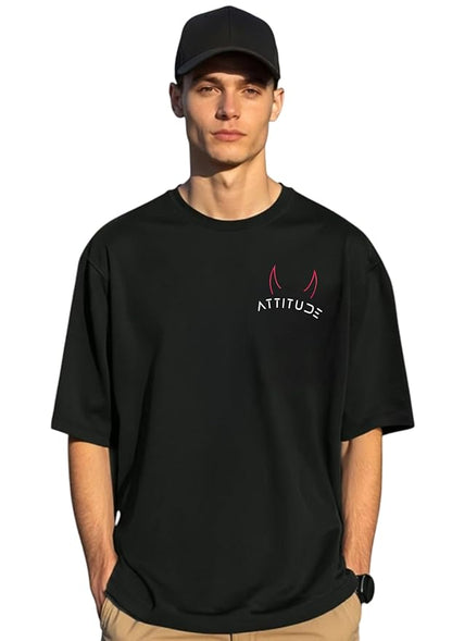 Men’s Black Oversized “Attitude” Graphic T-Shirt with Devil Horns | Street Style Tee