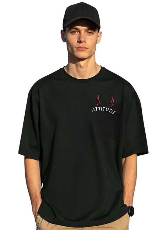 Men’s Black Oversized “Attitude” Graphic T-Shirt with Devil Horns | Street Style Tee