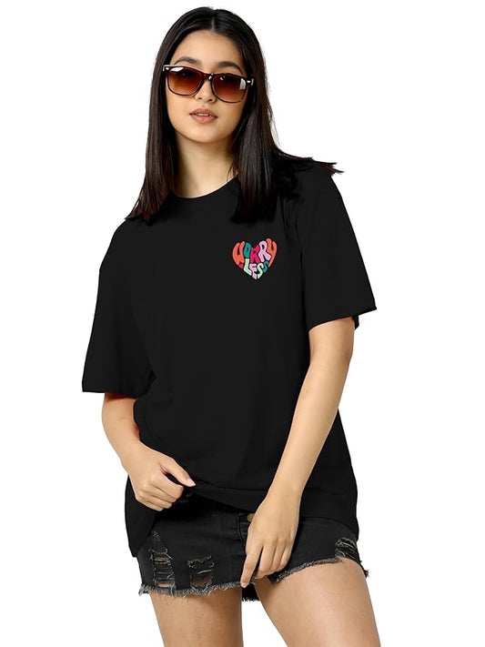 Worry Less Heart Graphic Oversized Black T-Shirt