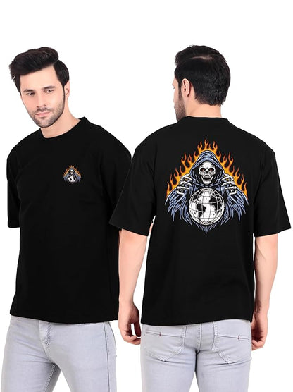 Men’s Black Graphic T-Shirt – Grim Reaper Globe Print | Streetwear Style