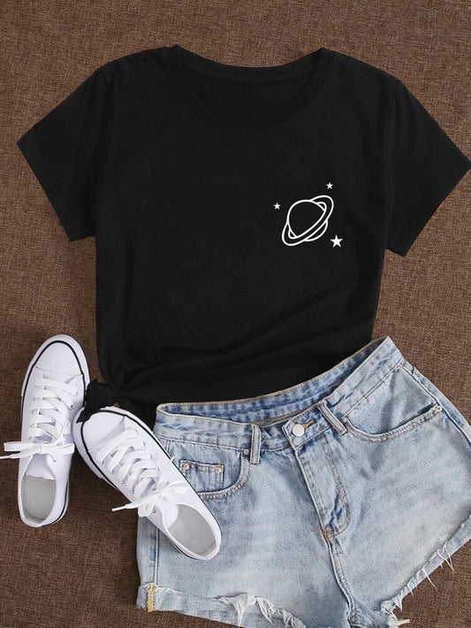 Star Black Graphic Printed T-Shirt for Women