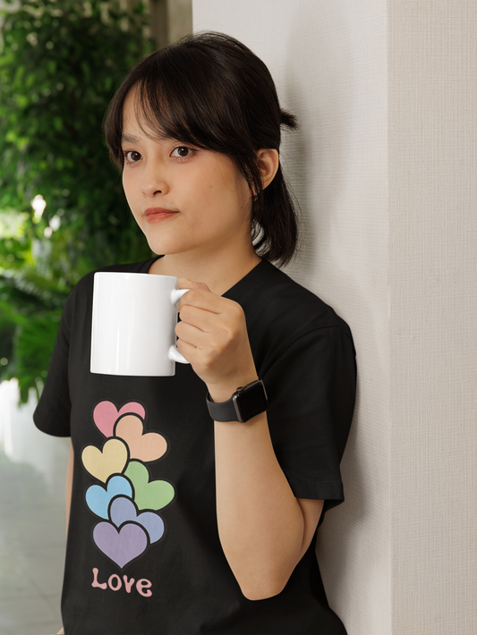 Pastel Rainbow Hearts “Love” Graphic Cotton T-Shirt for Women – Cute Casual Tee