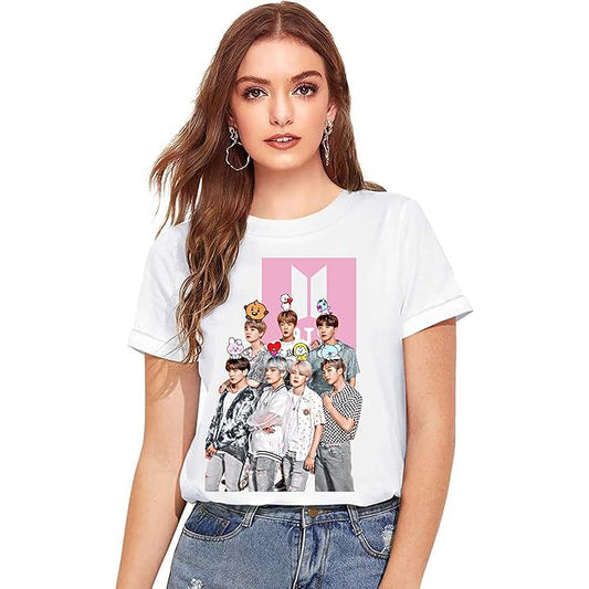 BTS Cartoon & Portrait Graphic White T-Shirt