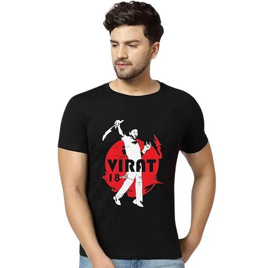 Men’s Black “Virat 18” Cricket Graphic Printed T-Shirt – Fan Edition Casual Tee