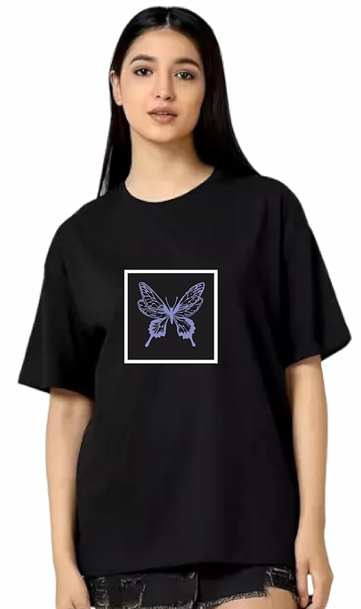 Black T-Shirt for Women – Aesthetic Butterfly Graphic Tee | Soft Cotton Casual Wear