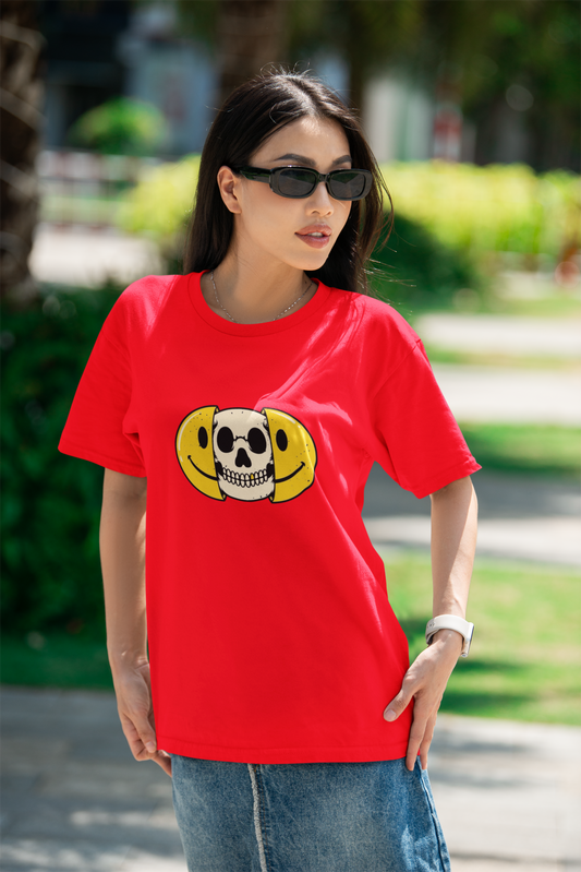 Smiling Skull Peel Red Graphic T-Shirt