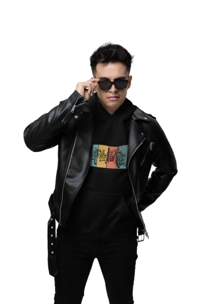 men' s hooded leather jacket with sunglasses, black