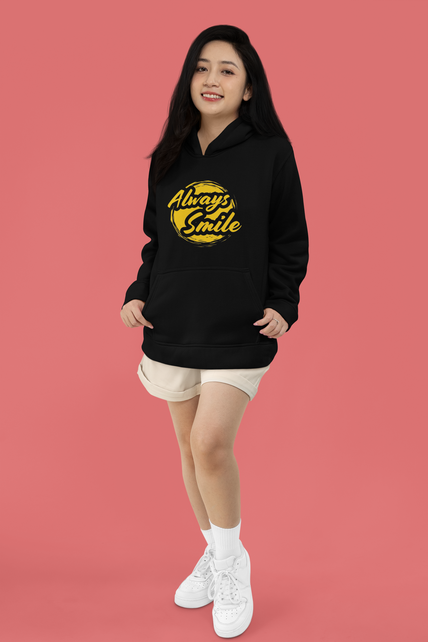 Women's Black Hoodie with 'Always Smile' Print, Cotton