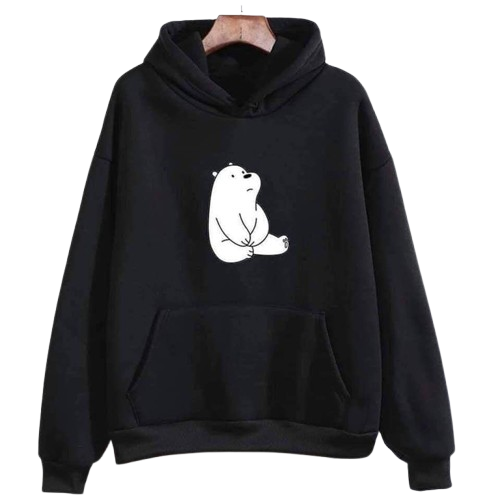 Women's Black Hoodie with White Bear Print, Cotton Blend