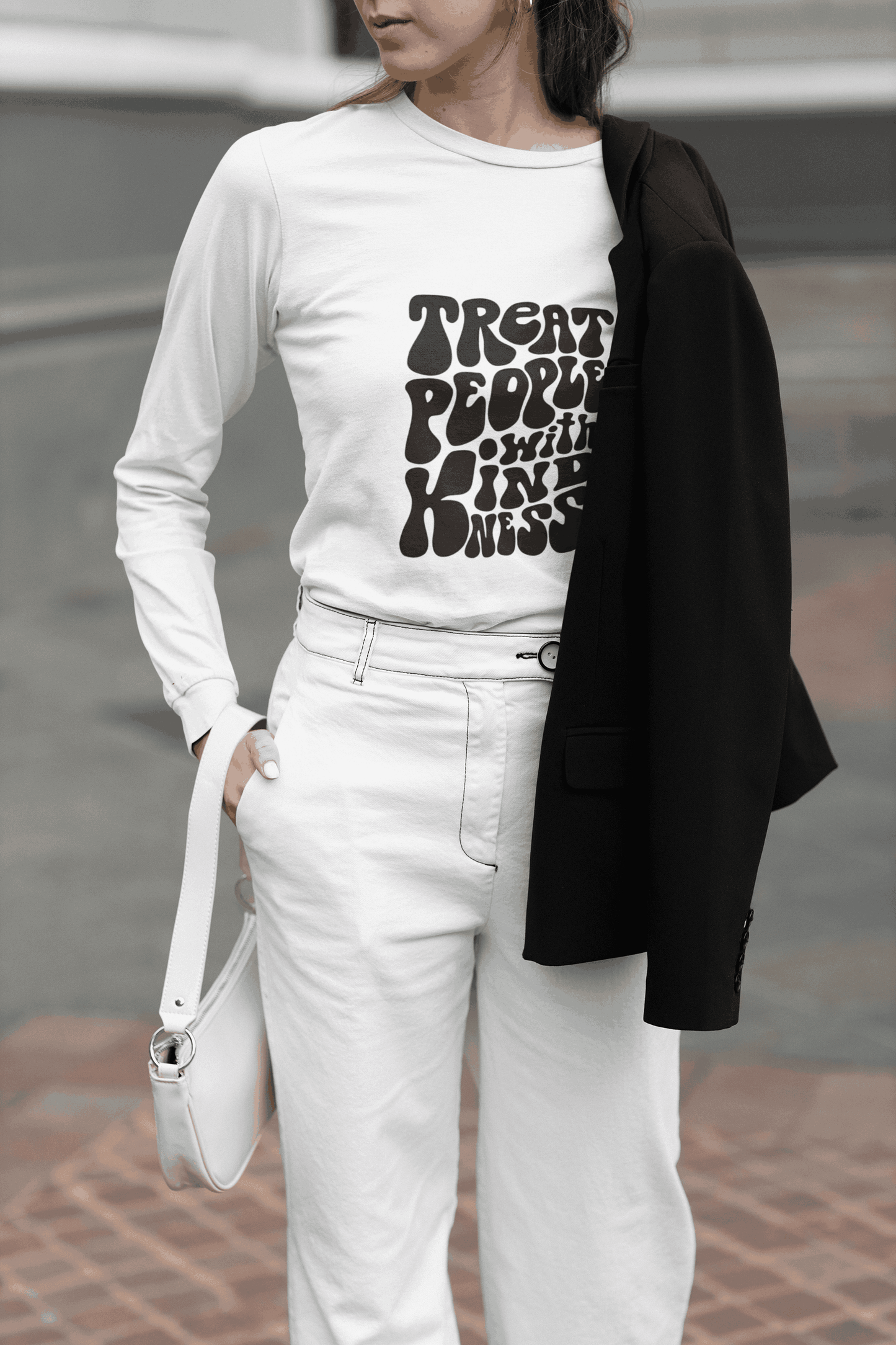 Treat People With Kindness Graphic Print Women’s White Long Sleeve T-Shirt – Inspirational Cotton Tee