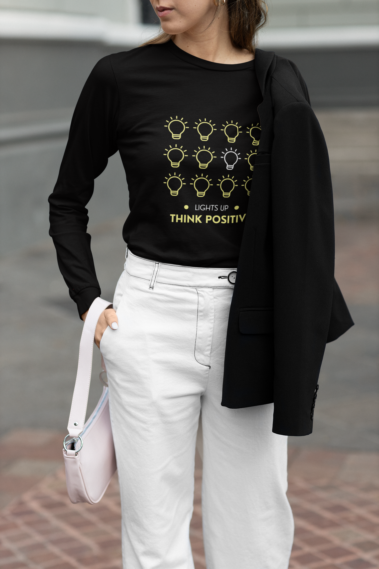 Lights Up Think Positive Graphic Print Women’s T-Shirt – Motivational Cotton Casual Tee