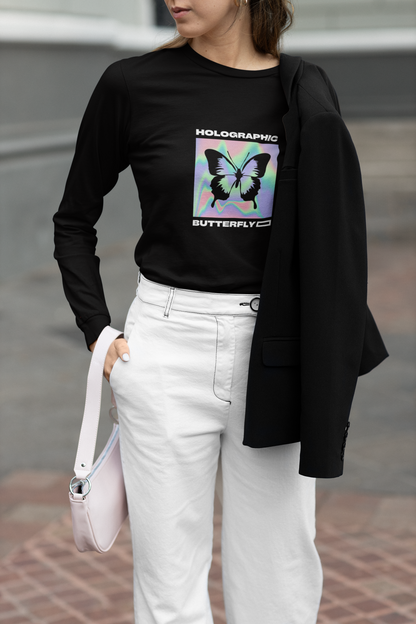 Holographic Butterfly Graphic Print Women’s Black Long Sleeve T-Shirt – Aesthetic Cotton Tee