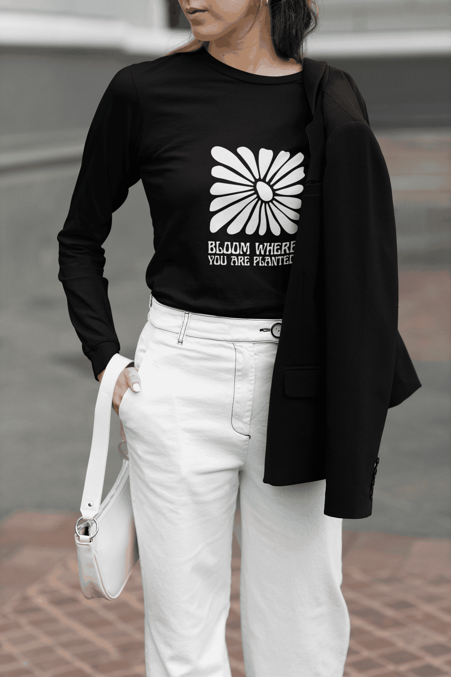 Bloom Where You Are Planted Graphic Print Women’s Black Long Sleeve T-Shirt – Inspirational Cotton Tee