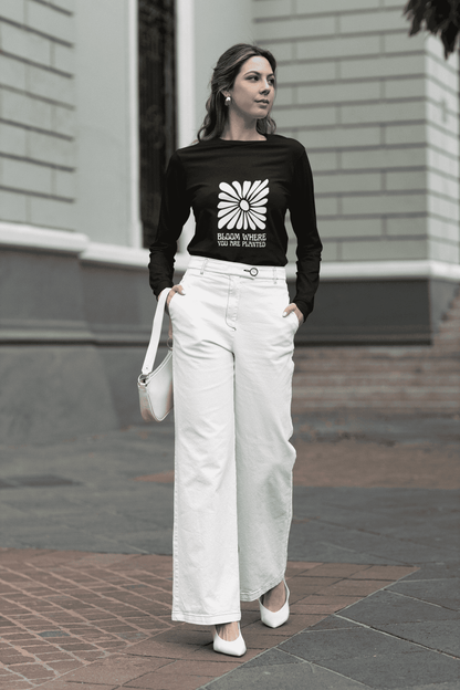 Bloom Where You Are Planted Graphic Print Women’s Black Long Sleeve T-Shirt – Inspirational Cotton Tee