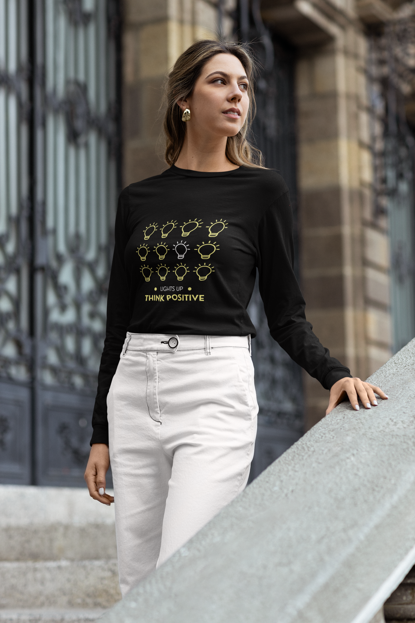 Lights Up Think Positive Graphic Print Women’s T-Shirt – Motivational Cotton Casual Tee